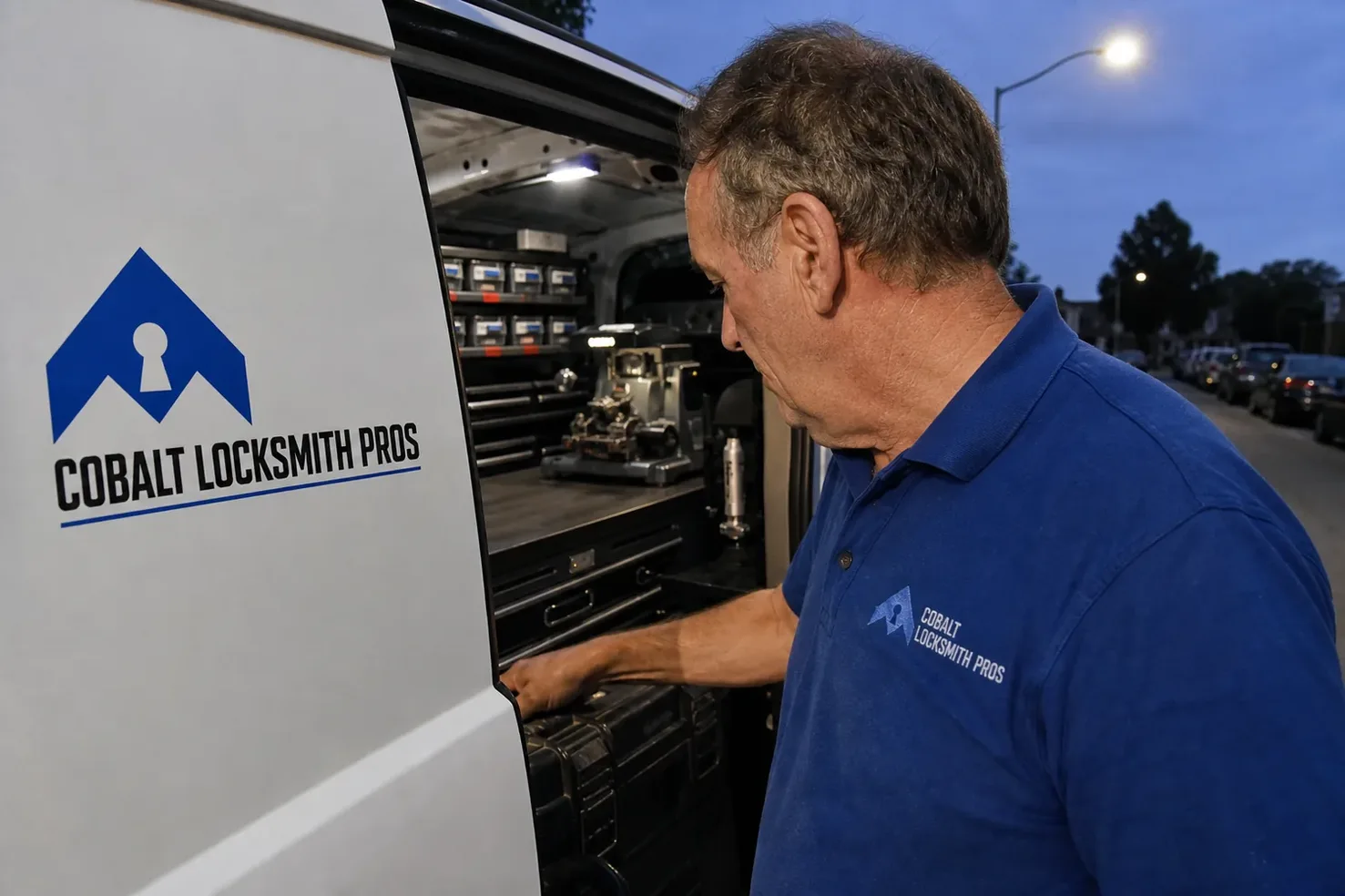 The Cobalt Locksmith Pros service van, stocked for lockouts and key cutting in Marlborough