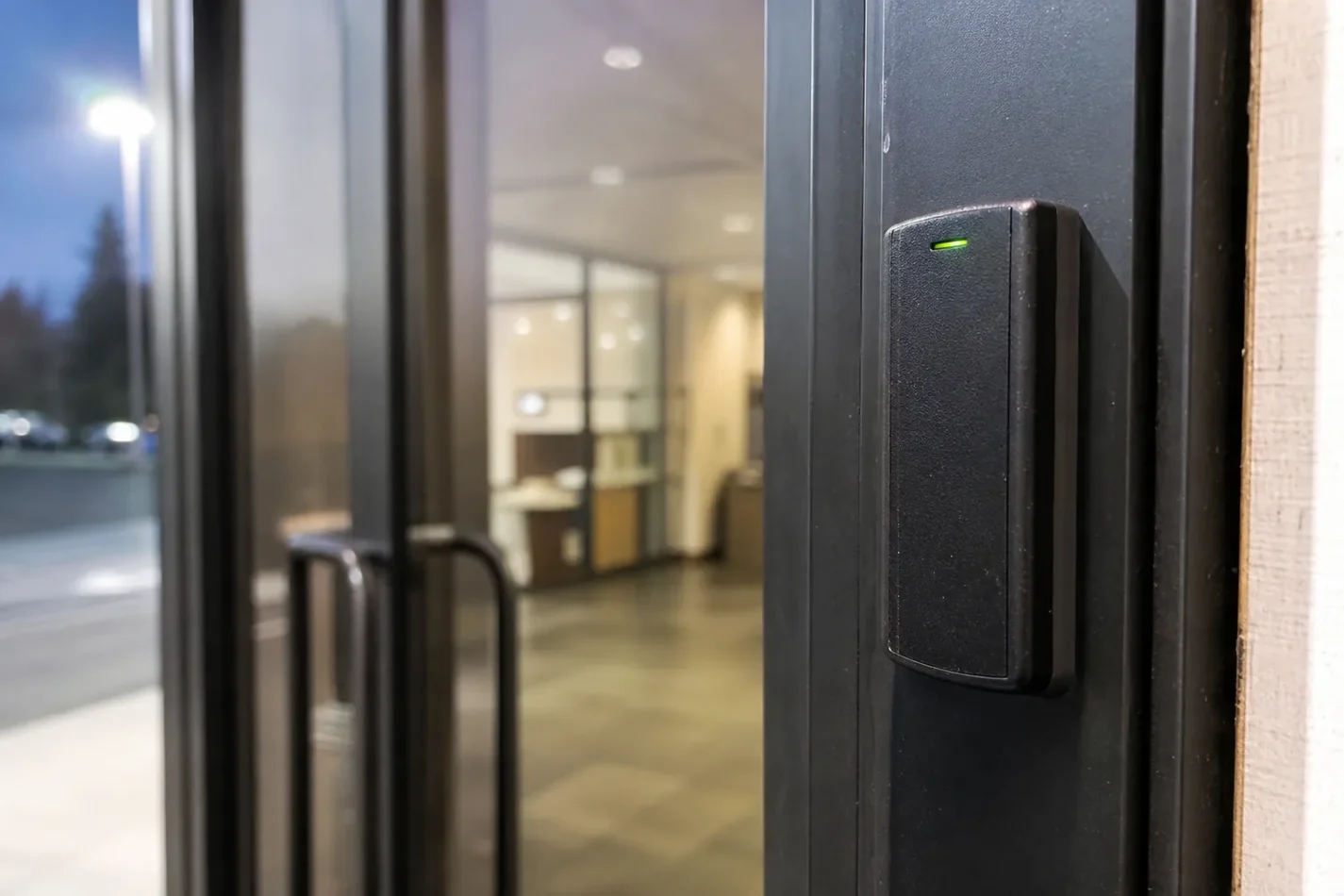 Access control card reader beside an office door in Marlborough, MA