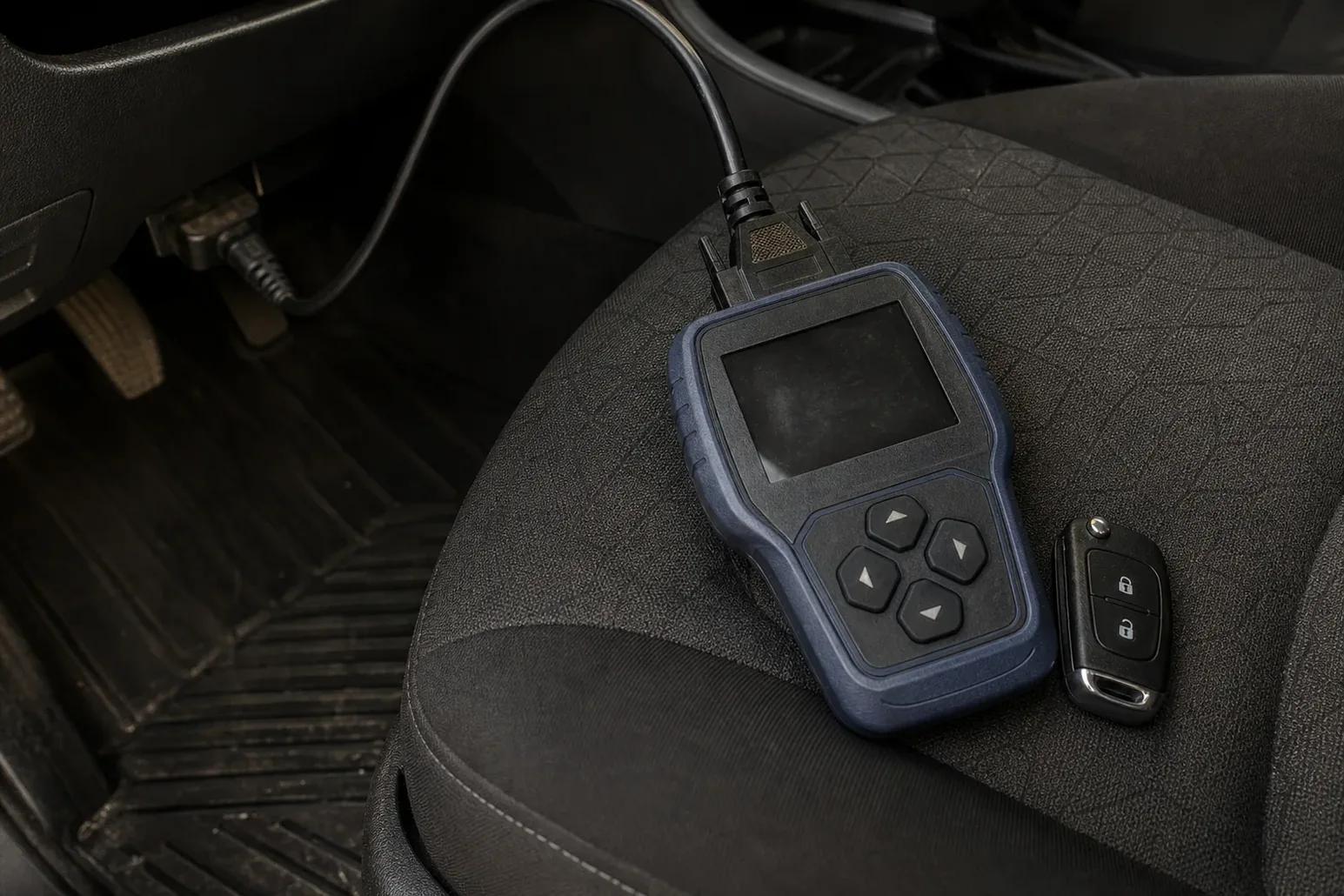 Car key programmer plugged into the OBD port in Marlborough, MA