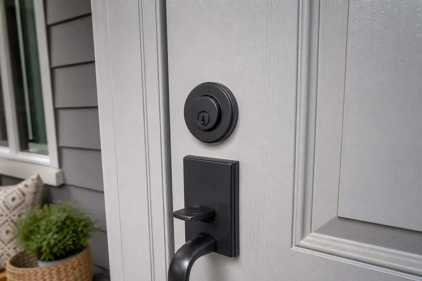 New deadbolt being installed in a front door in Marlborough, MA