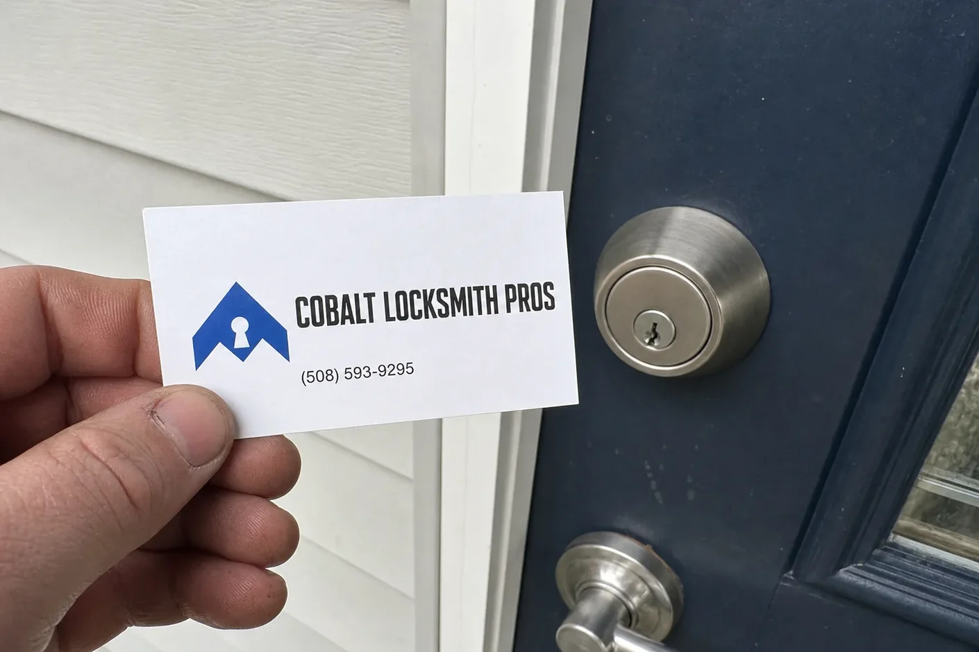 Cobalt Locksmith Pros business card left at a job in Marlborough, MA